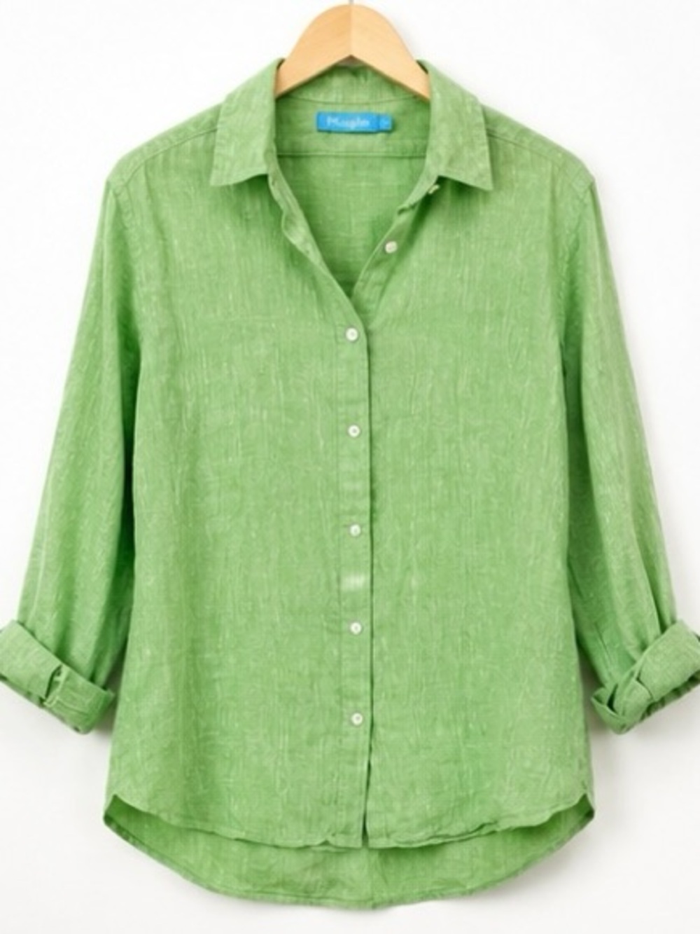 J.McLaughlin 100% Linen Green Button Front Shirt Blouse Size L Long Sleeve